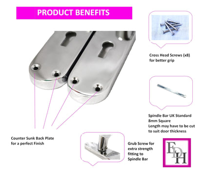 Epsom Door Handle Internal Polished Chrome Twist Door Handle Set and 3 Lever sash Lock, Interior Lock Lever on Long Back Plate, Privacy Lockable Handle for Bathroom, Bedroom, Front Door.