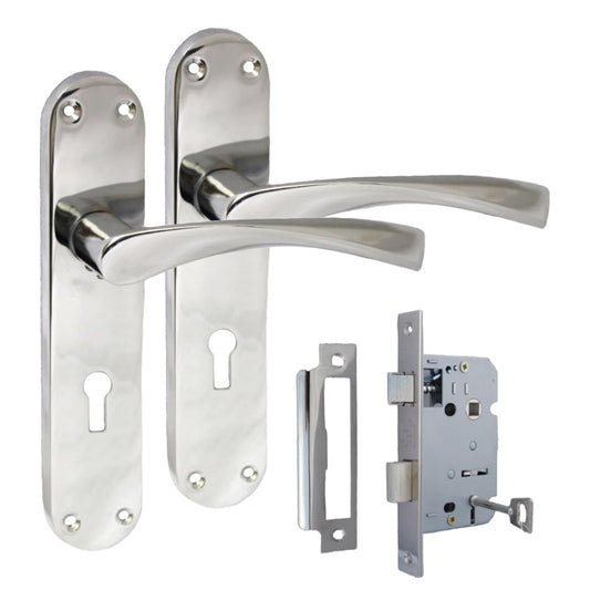 Epsom Door Handle Internal Polished Chrome Twist Door Handle Set and 3 Lever sash Lock, Interior Lock Lever on Long Back Plate, Privacy Lockable Handle for Bathroom, Bedroom, Front Door.