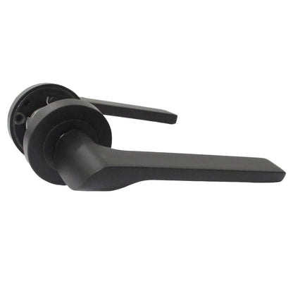 Modern Matt Black Lever on Rose Plate Door Handle Set with Tubular Latch – 1 Pairs, 52mm Round Rose Plate & 127mm Lever Handle – Contemporary Interior Door Hardware