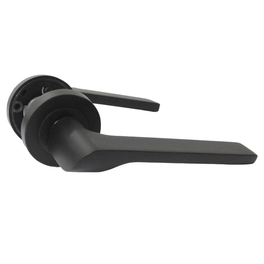 Modern Matt Black Lever on Rose Plate Door Handle Set with Tubular Latch – 1 Pairs, 52mm Round Rose Plate & 127mm Lever Handle – Contemporary Interior Door Hardware