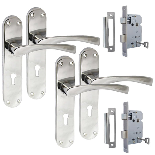 Polished Chrome Twist Door Handle Set,Interior Latch Lever on Long Back Plate with Sash Lock 2 Sets, Door Latch Chrome, Door Handle Latch, Privacy Lockable Handle for Bathroom, Bedroom, Front Door