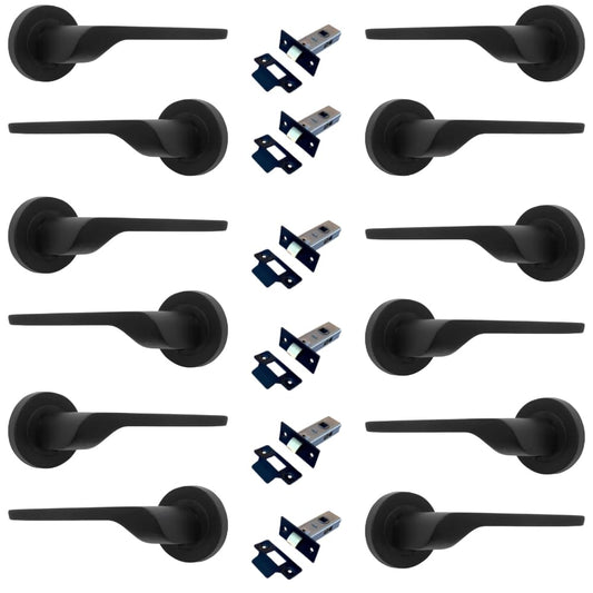 Modern Matt Black Lever on Rose Plate Door Handle Set with Tubular Latch – 6 Pairs, 52mm Round Rose Plate & 127mm Lever Handle – Contemporary Interior Door Hardware