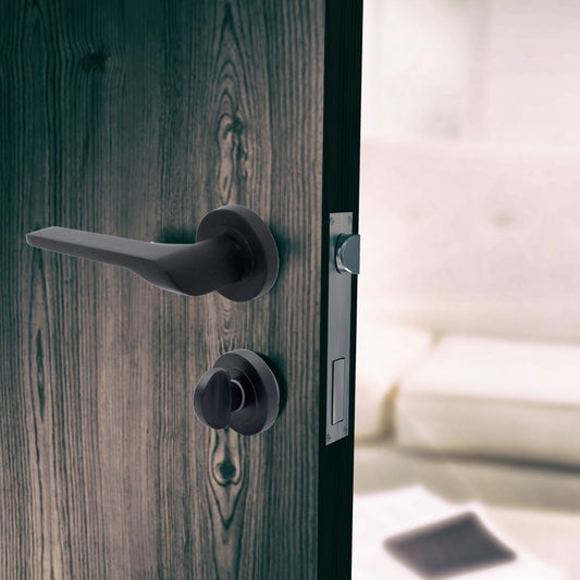 Modern Matt Black Lever on Rose Plate Door Handle Set – 4Pairs, 52mm Round Rose Plate & 127mm Lever Handle – Contemporary Interior Door Hardware