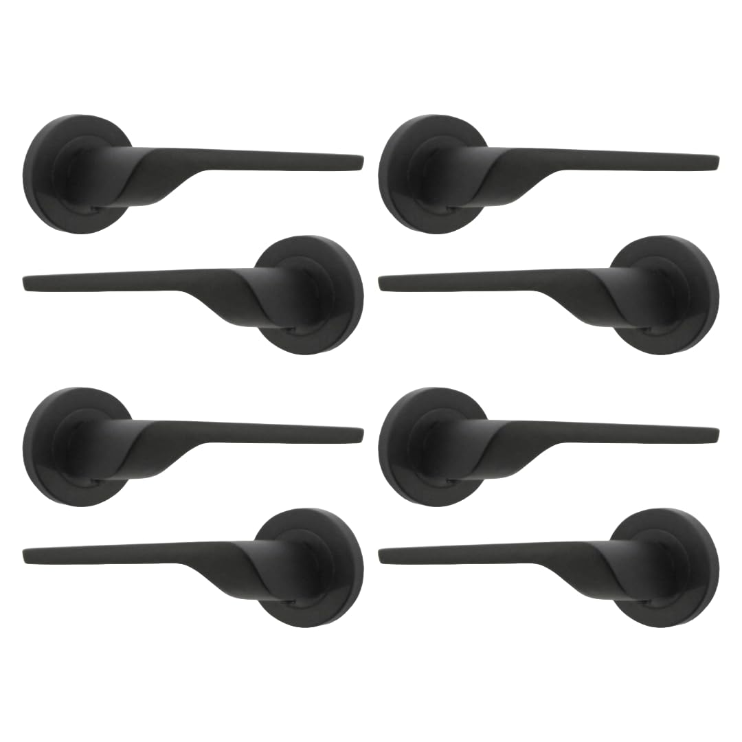 Modern Matt Black Lever on Rose Plate Door Handle Set – 4Pairs, 52mm Round Rose Plate & 127mm Lever Handle – Contemporary Interior Door Hardware