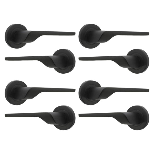 Modern Matt Black Lever on Rose Plate Door Handle Set – 4Pairs, 52mm Round Rose Plate & 127mm Lever Handle – Contemporary Interior Door Hardware