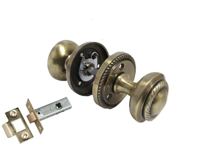 Antique Round Door Knob Set Including Tubular Latch - Georgian Style Sprung Internal & External Door Knobs for Mortice Locks & Tubular latches. Sets (1 Pair of Georgian MORTICE KNOBS + Tubular Latch)