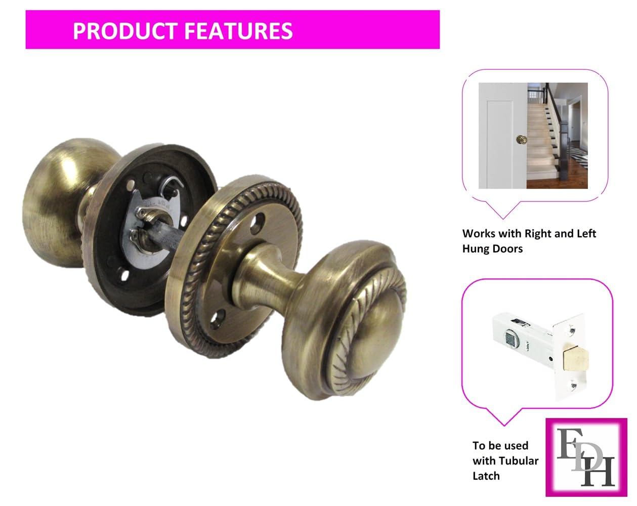 Antique Round Door Knob Set Including Tubular Latch - Georgian Style Sprung Internal & External Door Knobs for Mortice Locks & Tubular latches. Sets (1 Pair of Georgian MORTICE KNOBS + Tubular Latch)