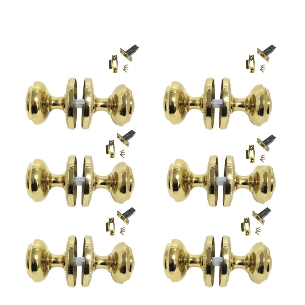 Brass Plated Round Door Knob Set Including Tubular Latch - Georgian Style Sprung Internal & External Door Knobs for Mortice Locks & Tubular latches. Sets 6