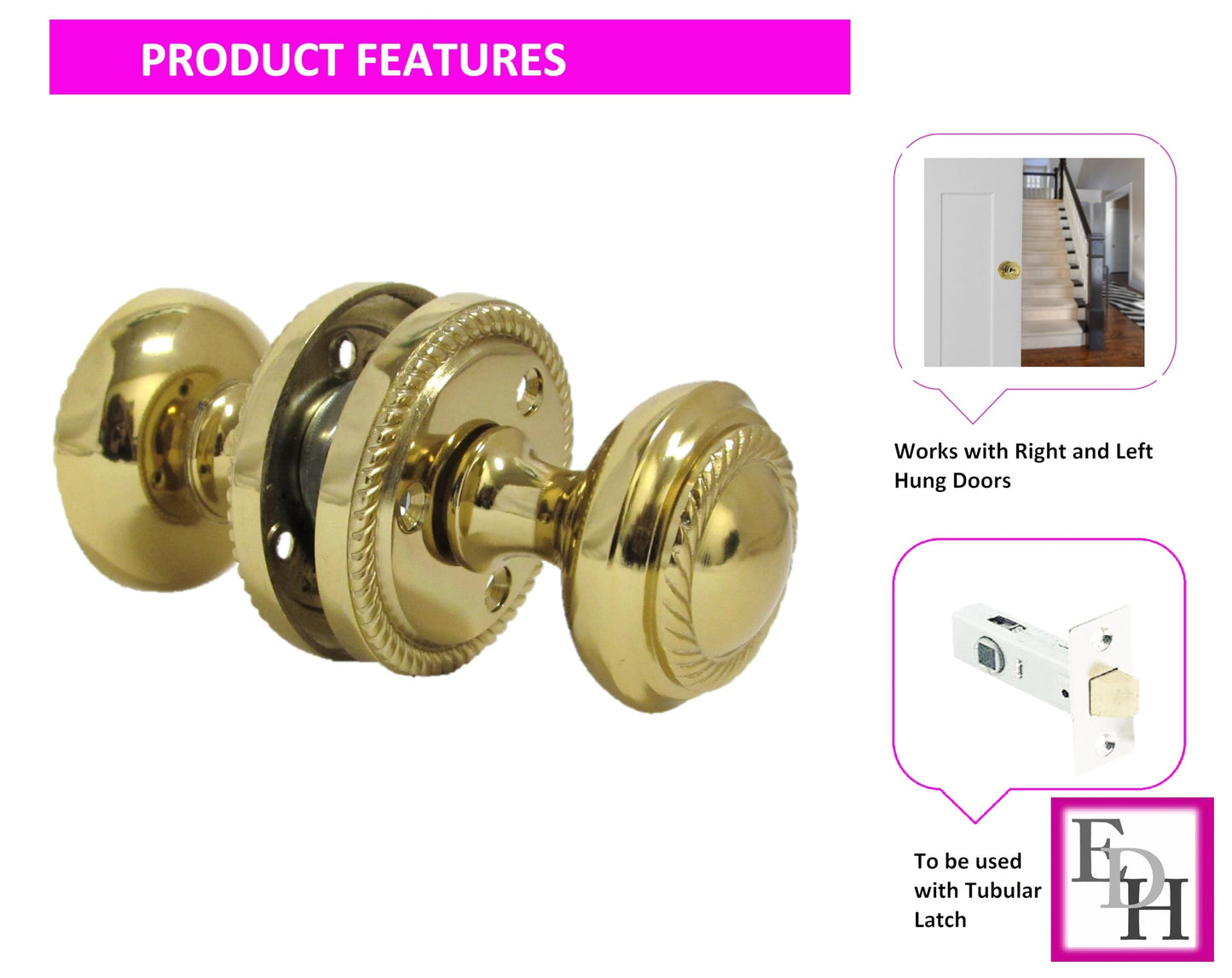 Brass Plated Round Door Knob Set & Tubular Latch - Georgian Style Sprung Internal & External Door Knobs for Mortice Locks & Tubular latches. (1 Pair Georgian MORTICE KNOBS)