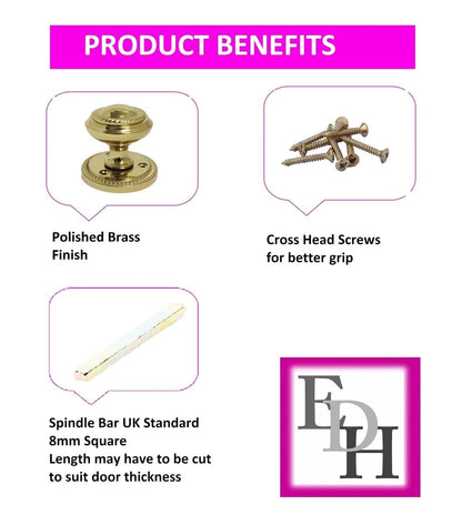 Brass Plated Round Door Knob Set & Tubular Latch - Georgian Style Sprung Internal & External Door Knobs for Mortice Locks & Tubular latches. (1 Pair Georgian MORTICE KNOBS)