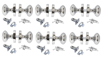 Polished Chrome Round Door Knob Set Including Tubular Latch - Victorian Style Sprung Internal & External Door Knobs for Mortice Locks & Tubular latches (6 Pair of KNOBS + Tubular Latch)