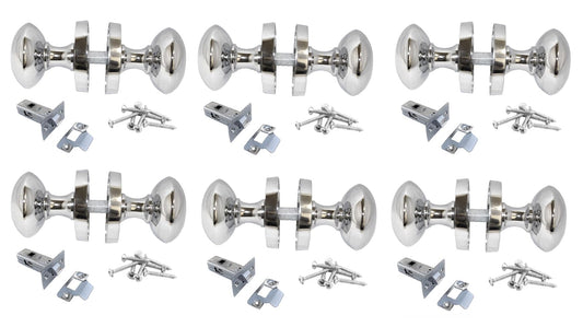 Polished Chrome Round Door Knob Set Including Tubular Latch - Victorian Style Sprung Internal & External Door Knobs for Mortice Locks & Tubular latches (6 Pair of KNOBS + Tubular Latch)