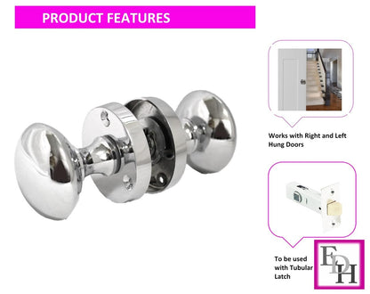 Polished Chrome Round Door Knob Set Including Tubular Latch - Victorian Style Sprung Internal & External Door Knobs for Mortice Locks & Tubular latches (1 Pair of KNOBS + Tubular Latch)