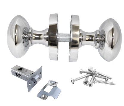 Polished Chrome Round Door Knob Set Including Tubular Latch - Victorian Style Sprung Internal & External Door Knobs for Mortice Locks & Tubular latches (1 Pair of KNOBS + Tubular Latch)