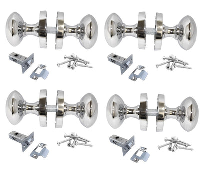 Polished Chrome Round Door Knob Set Including Tubular Latch - Victorian Style Sprung Internal & External Door Knobs for Mortice Locks & Tubular latches (4 Pair of KNOBS + Tubular Latch)
