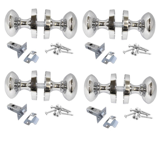 Polished Chrome Round Door Knob Set Including Tubular Latch - Victorian Style Sprung Internal & External Door Knobs for Mortice Locks & Tubular latches (4 Pair of KNOBS + Tubular Latch)
