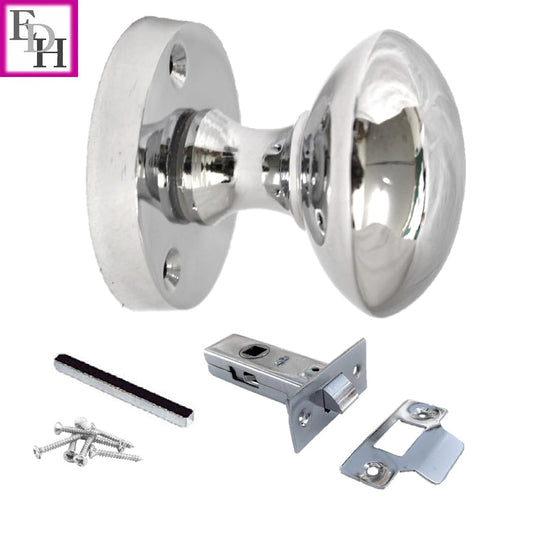 Polished Chrome Round Door Knob Set Including Tubular Latch - Victorian Style Sprung Internal & External Door Knobs for Mortice Locks & Tubular latches (1 Pair of KNOBS + Tubular Latch)