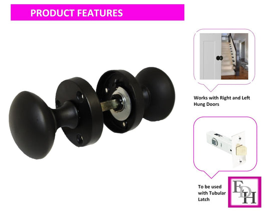Matt Black Round Door Knob Set Including Tubular Latch - Victorian Style Sprung Internal & External Door Knobs for Mortice Locks & Tubular latches. Sets 6