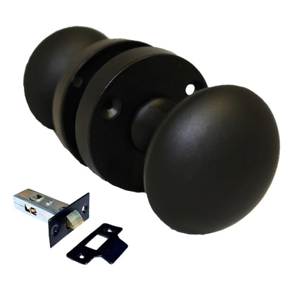 Matt Black Round Door Knob Set Including Tubular Latch - Victorian Style Sprung Internal & External Door Knobs for Mortice Locks & Tubular latches. Sets 6