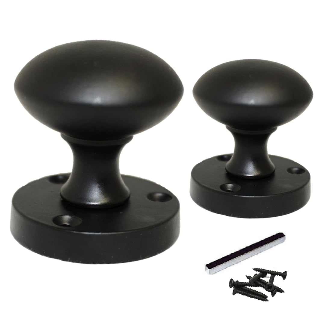 Matt Black Round Door Knob Set Including Tubular Latch - Victorian Style Sprung Internal & External Door Knobs for Mortice Locks & Tubular latches. Sets 6