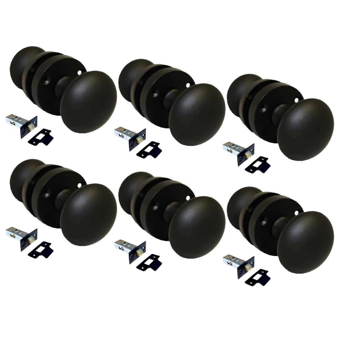 Matt Black Round Door Knob Set Including Tubular Latch - Victorian Style Sprung Internal & External Door Knobs for Mortice Locks & Tubular latches. Sets 6
