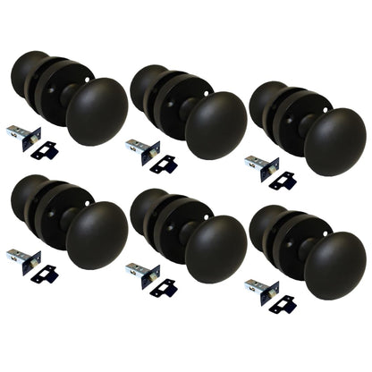 Matt Black Round Door Knob Set Including Tubular Latch - Victorian Style Sprung Internal & External Door Knobs for Mortice Locks & Tubular latches. Sets 6