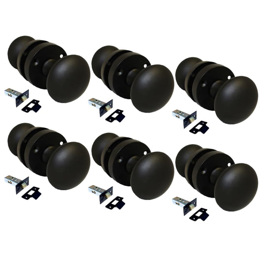Matt Black Round Door Knob Set Including Tubular Latch - Victorian Style Sprung Internal & External Door Knobs for Mortice Locks & Tubular latches. Sets 6