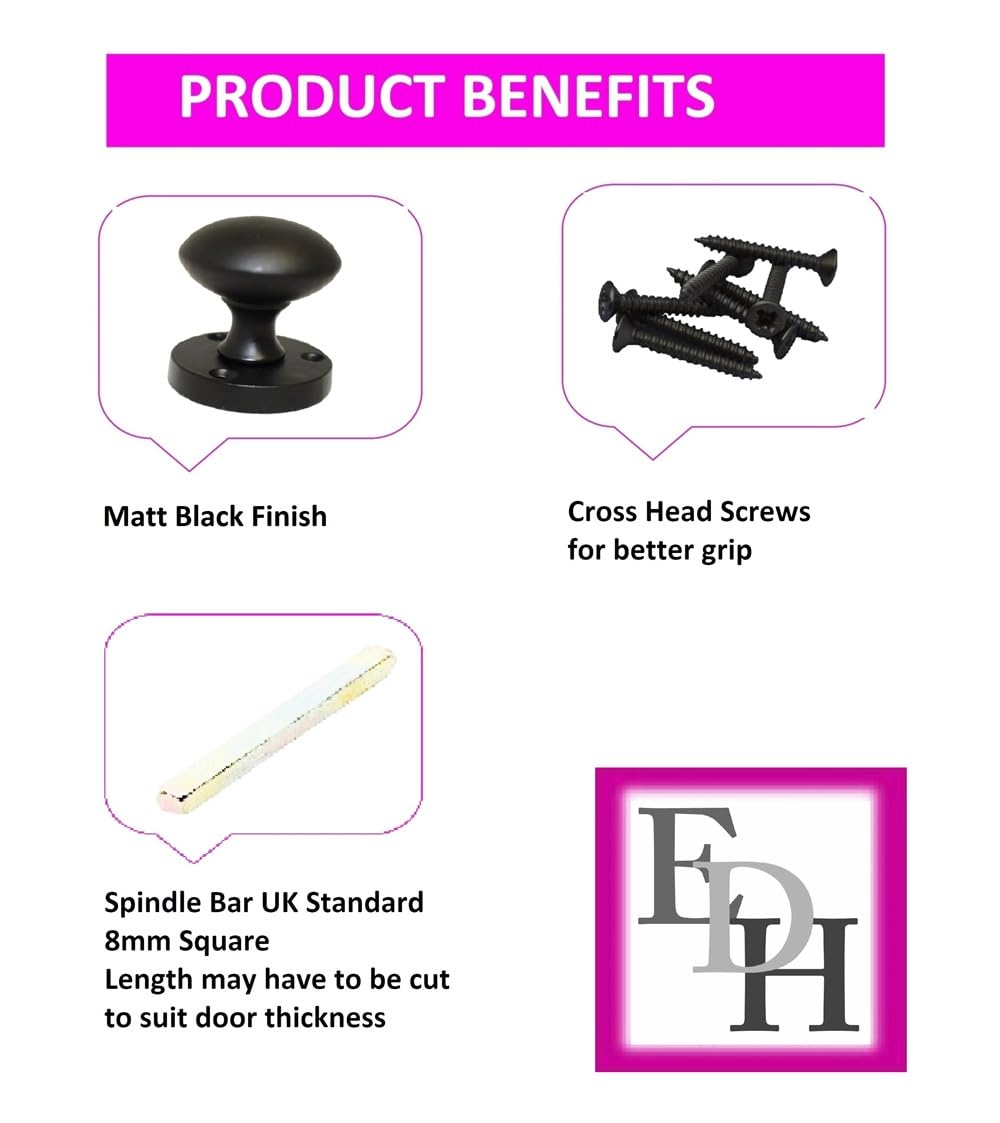Matt Black Round Door Knob Set Including Tubular Latch - Victorian Style Sprung Internal & External Door Knobs for Mortice Locks & Tubular latches. Sets 6