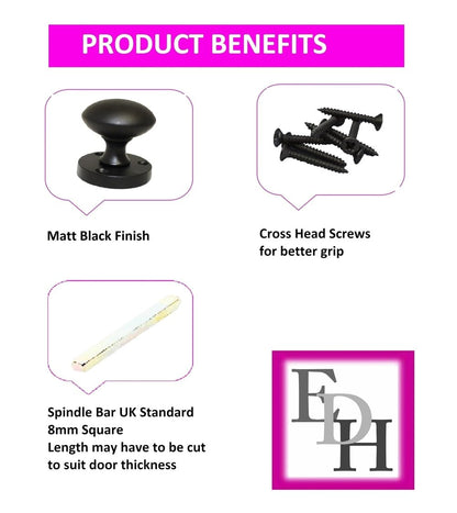 Matt Black Round Door Knob Set Including Tubular Latch - Victorian Style Sprung Internal & External Door Knobs for Mortice Locks & Tubular latches. Sets 6