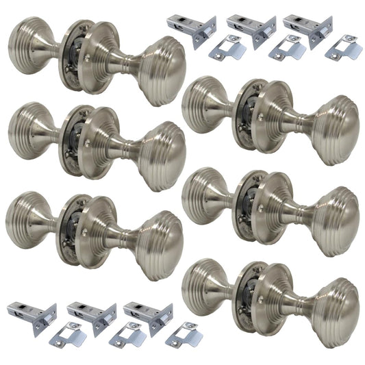 Queen Anne Reeded Mortice Door Knobs, Interior Door Knobs for Home, Round Internal Door Knob with Tubular Latch - Durable Satin Door Knobs - Door Knobs for Interior Doors -  6 Pairs