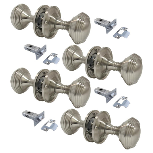 Queen Anne Reeded Mortice Door Knobs, Interior Door Knobs for Home, Round Internal Door Knob with Tubular Latch - Durable Satin Door Knobs - Door Knobs for Interior Doors - Chrome 4 Sets