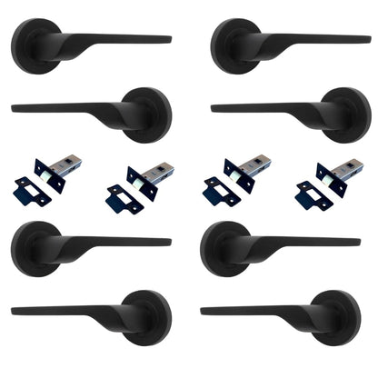 Modern Matt Black Lever on Rose Plate Door Handle Set with Tubular Latch – Contemporary Interior Door Hardware -4 Pairs