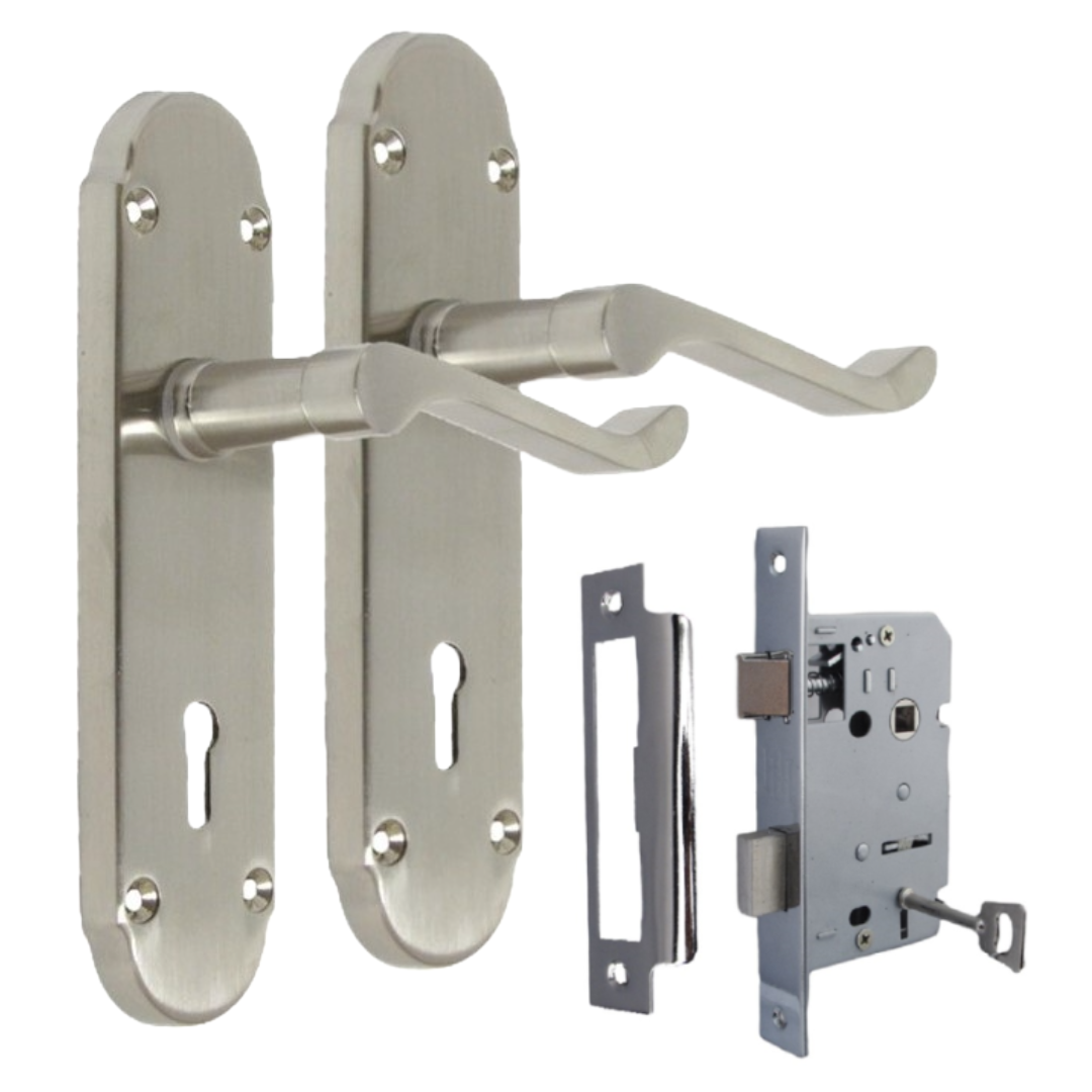 Epsom Satin Nickel Door Handle Set Internal Handles with Bathroom Sash Lock 170
