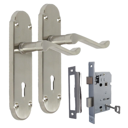 Epsom Satin Nickel Door Handle Set Internal Handles with Bathroom Sash Lock 170