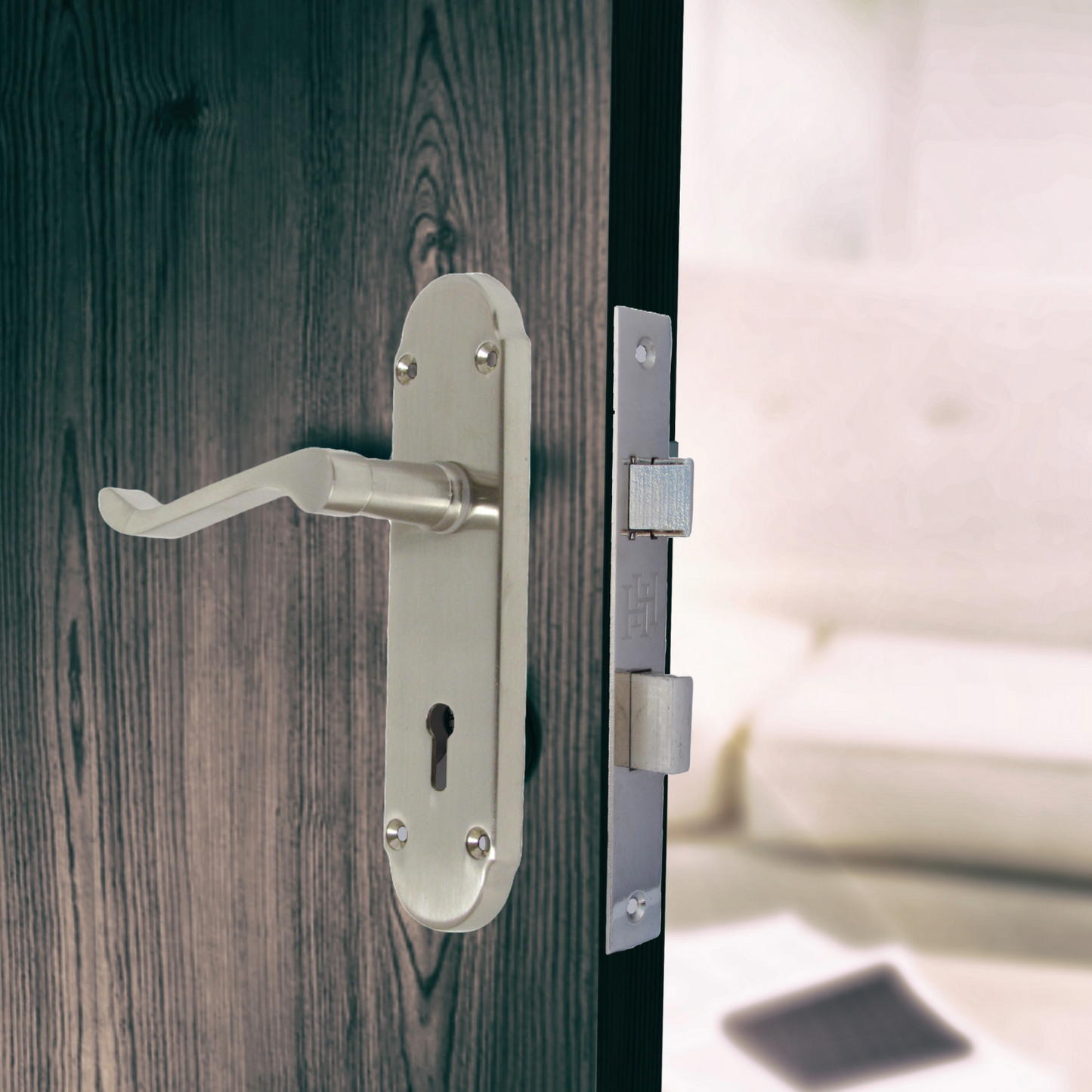 Epsom Satin Nickel Door Handle Set Internal Handles with Bathroom Sash Lock 170