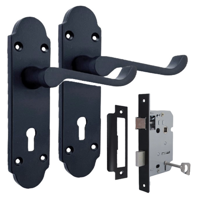 Epsom Matt Black Door Handle Set, Internal Handles with Bathroom Sash Lock 170mm