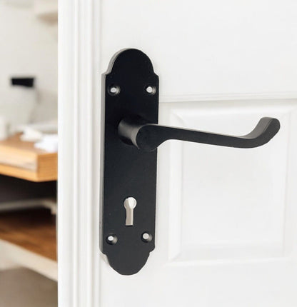 Epsom Matt Black Door Handle Set, Internal Handles with Bathroom Sash Lock 170mm