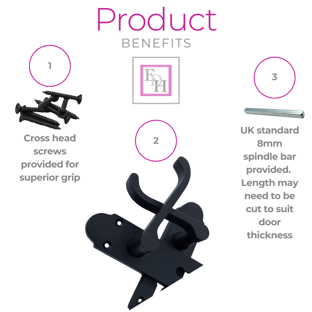 Epsom Matt Black Door Handle Set, Internal Handles with Bathroom Sash Lock 170mm