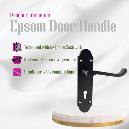 Epsom Matt Black Door Handle Set, Internal Handles with Bathroom Sash Lock 170mm