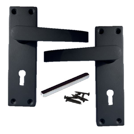 Matt Black Door Handles - Victorian Straight Lock Handles, Backplate 150x42mm