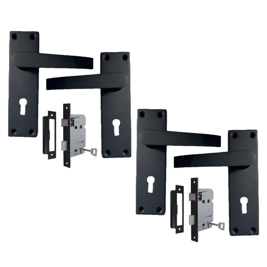 Matt Black Door Handles Victorian Straight Lock Handles and Sash Lock 2 Pairs