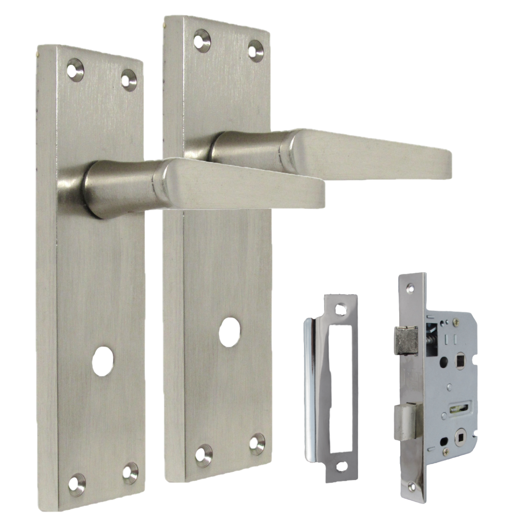 Victorian Straight Satin Nickel Interior Bathroom Door Handles + Bath SASH Lock1