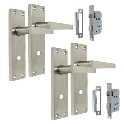 Victorian Straight Satin Nickel Interior Bathroom Door Handles + Bath Sash Lock, 2 Pairs