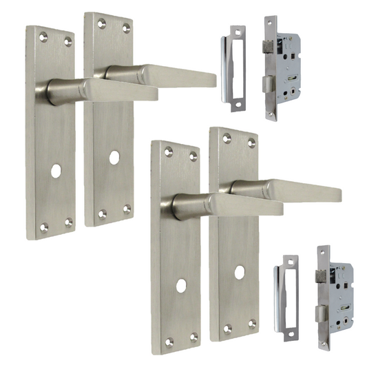 Victorian Straight Satin Nickel Interior Bathroom Door Handles + Bath Sash Lock, 2 Pairs