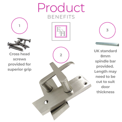 Victorian Straight Satin Nickel Interior Bathroom Door Handles + Bath Sash Lock, 2 Pairs