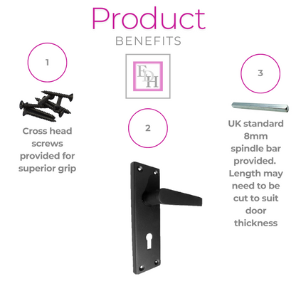 Matt Black Door Handles - Victorian Straight Lock Handles, Backplate 150x42mm