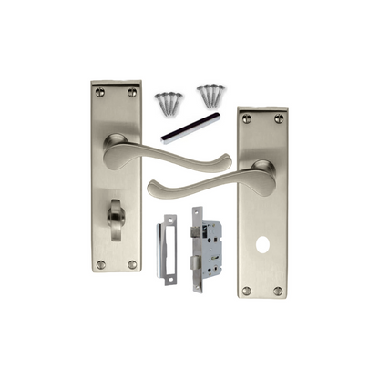 Victorian Style Satin Bathroom Door Handle with Privacy Lock + Bathroom SASH Lock, 2 Pairs