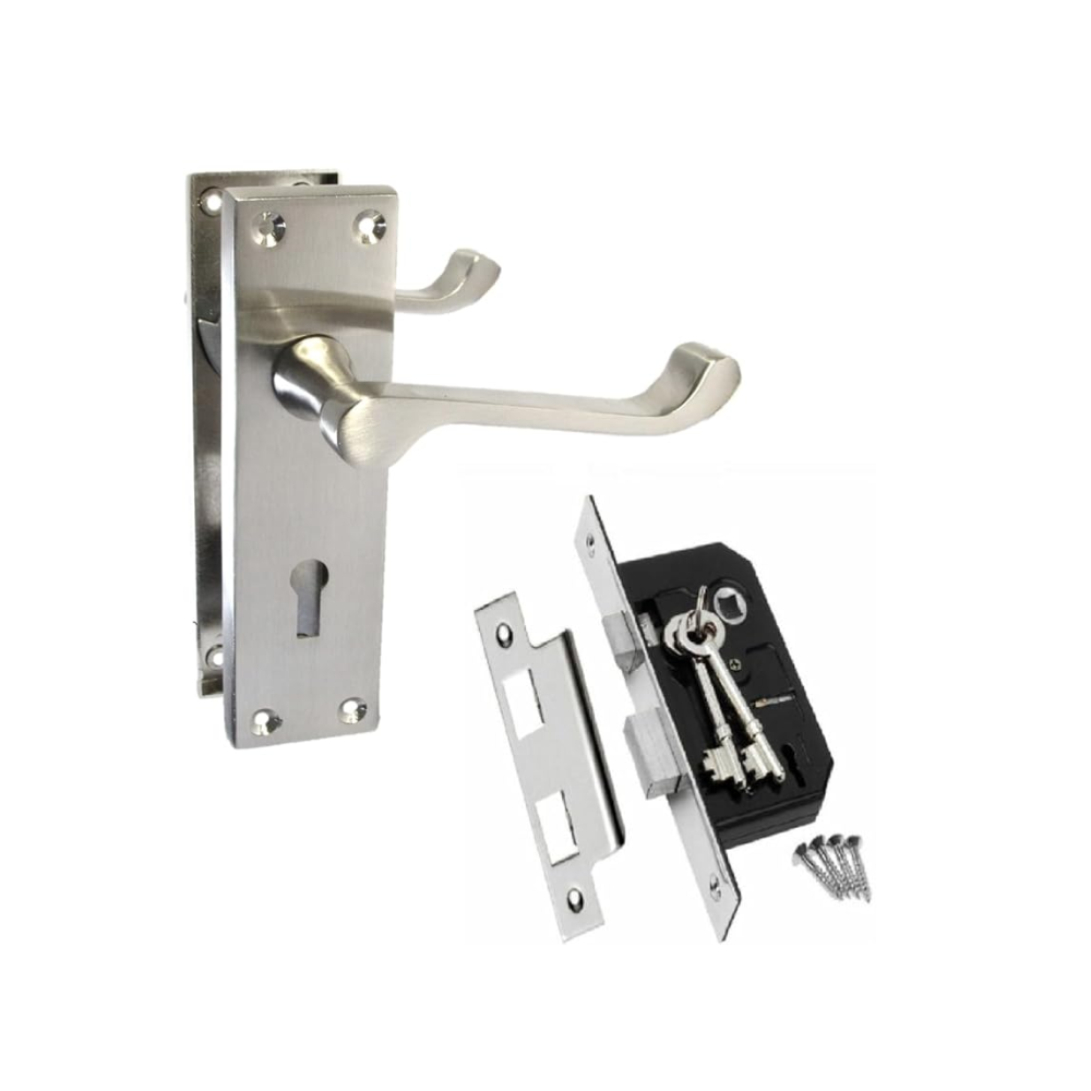 Satin Nickel Victorian Scroll Lock Door Handles + 3 Lever Mortice Sash Lock Set1