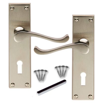 Satin Nickel Victorian Scroll Lock Door Handles + 3 Lever Mortice Sash Lock Set1
