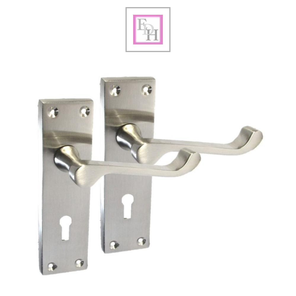 Satin Nickel Victorian Scroll Lock Door Handles + 3 Lever Mortice Sash Lock Set1
